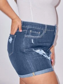 大碼破洞卷邊牛仔短褲 - 深色水洗藍 - 查看 4