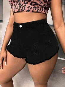Plus Ripped Raw Hem Denim Shorts - Black - View 1