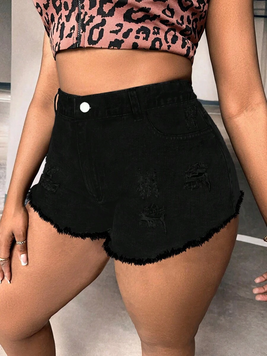 Plus Ripped Raw Hem Denim Shorts - Black - View 1