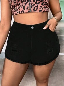 Plus Ripped Raw Hem Denim Shorts - Black - View 4