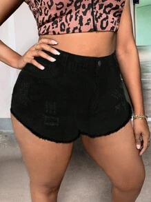 Plus Ripped Raw Hem Denim Shorts - Black - View 5
