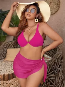 SHEIN Swim Curve 大尺碼純色增壓比基尼套裝，搭配沙灘裙，適用於夏季沙灘 - 玫紅色 - 查看 1