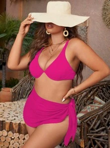 SHEIN Swim Curve 大尺碼純色增壓比基尼套裝，搭配沙灘裙，適用於夏季沙灘 - 玫紅色 - 查看 3