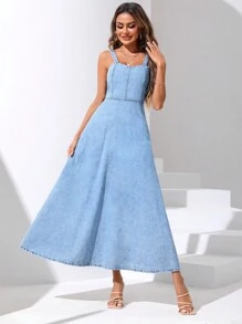 SHEIN Privé 後拉鏈牛仔吊帶連衣裙 - 淺色水洗藍 - 查看 1