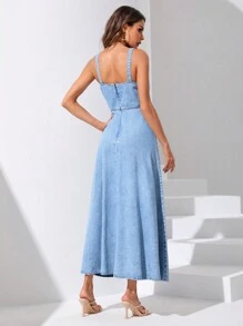 SHEIN Privé 後拉鏈牛仔吊帶連衣裙 - 淺色水洗藍 - 查看 2