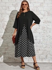EMERY ROSE Hơn In vết tròn Polka Váy 2 trong 1 - Đen và trắng - Xem 4