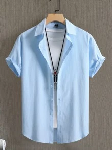 Manfinity Homme 男士素色前排扣襯衫 - 藍色 - 查看 1