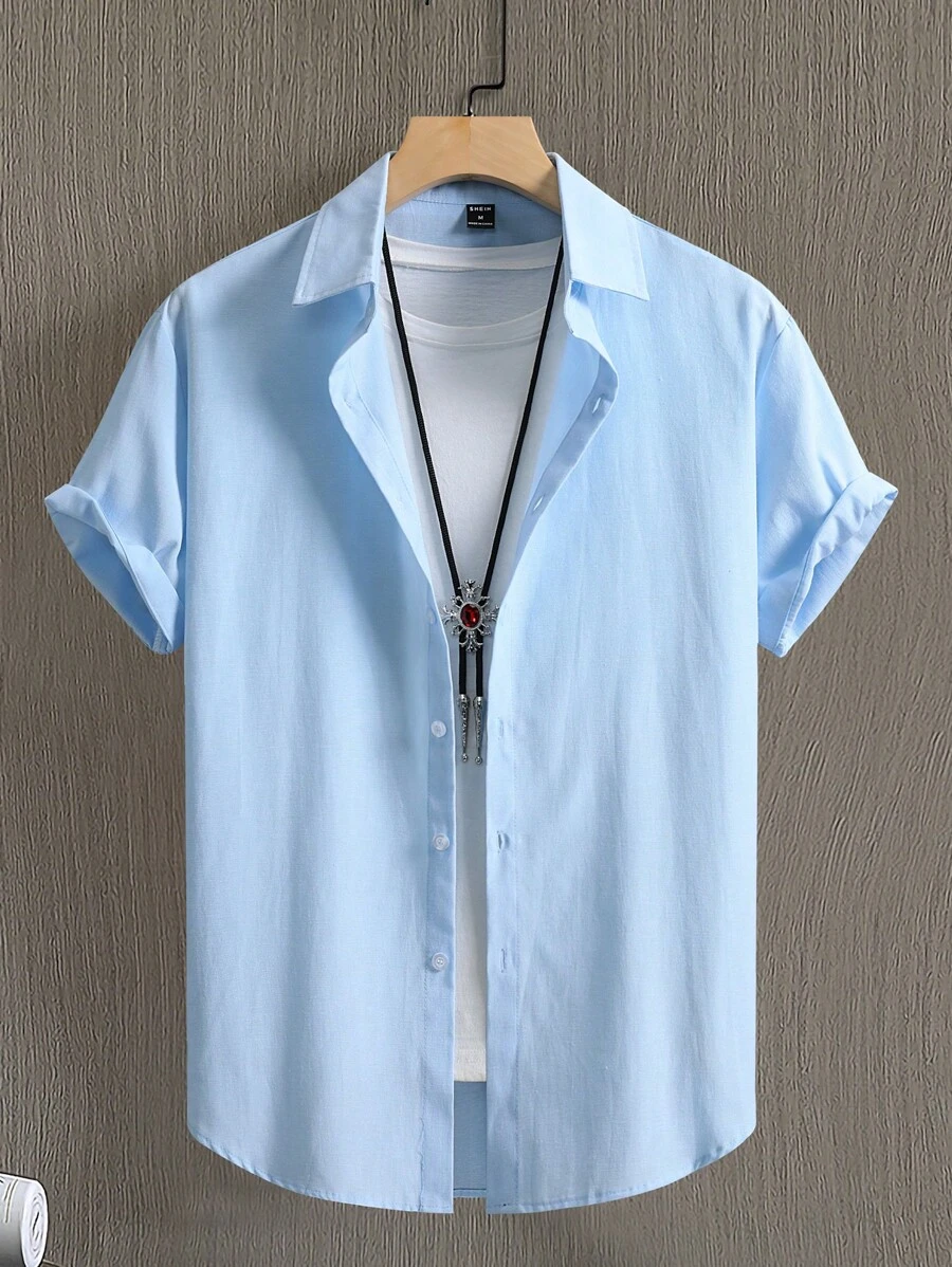 Manfinity Homme 男士素色前排扣襯衫 - 藍色 - 查看 1