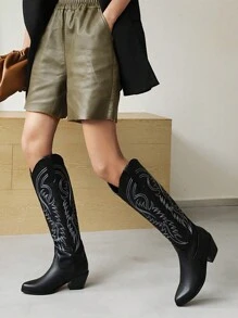 女性西方風格刺繡粗跟及膝靴 - 黑色 - 查看 1