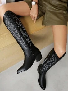 女性西方風格刺繡粗跟及膝靴 - 黑色 - 查看 3