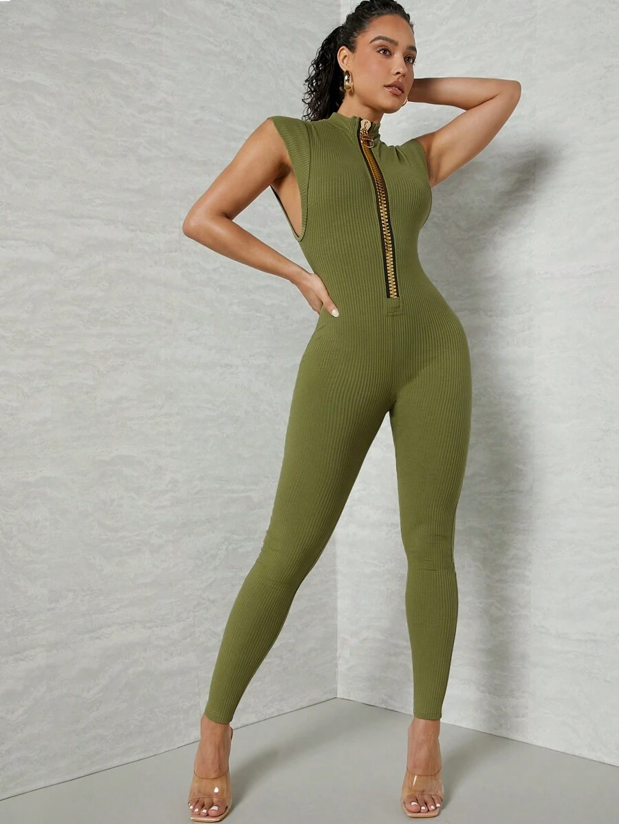 Hauture Ribbed Knit Big Zipper Green Jumpsuit, Winter Fall Women Clothes - Olive Green - View 1
