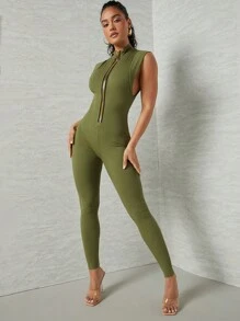 Hauture Ribbed Knit Big Zipper Green Jumpsuit, Winter Fall Women Clothes - Olive Green - View 3