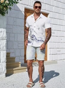 Manfinity Homme 男士大码山圖案襯衫 - 白色 - 查看 1