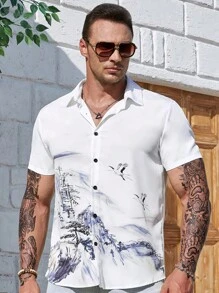 Manfinity Homme 男士大码山圖案襯衫 - 白色 - 查看 3