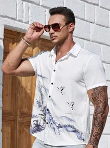 Manfinity Homme 男士大码山圖案襯衫 - 白色 - 查看 5