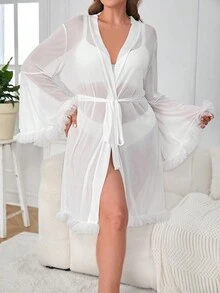 روب مقلم بكشكش حزام شبكة طقم ملابس داخلية مقاس كبير - أبيض - مشاهدة 3