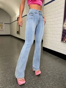 SHEIN ICON High Waist Flare Leg Jeans - Light Wash - View 4