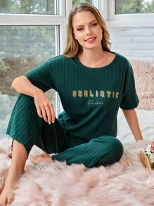 RueChic Letter Graphic Drop Shoulder Rib-Knit Lounge Set - Dark Green - View 2