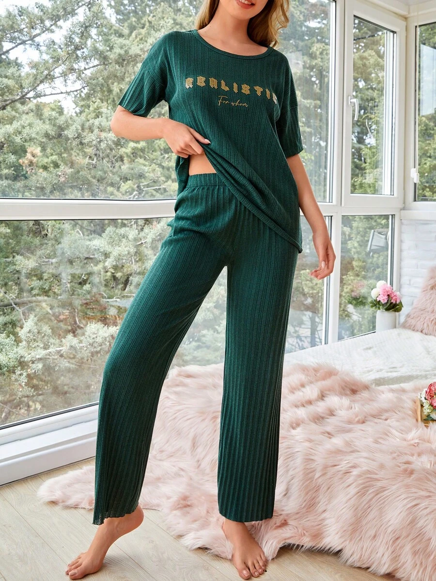 RueChic Letter Graphic Drop Shoulder Rib-Knit Lounge Set - Dark Green - View 1