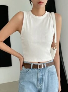 DAZY 纯色罗纹针织背心短款女式上衣 - 白色 - 查看 3