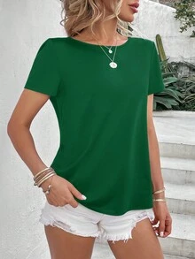 SHEIN LUNE 珍珠串珠扭結露背T恤 - 綠色 - 查看 5