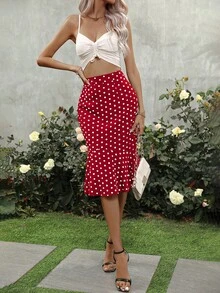 SHEIN Unity Váy nữ Viên lá sen Dây kéo Chấm bi Thanh lịch - Màu Đỏ Sâu - Xem 3