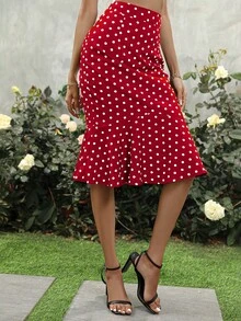 SHEIN Unity Váy nữ Viên lá sen Dây kéo Chấm bi Thanh lịch - Màu Đỏ Sâu - Xem 4