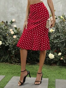 SHEIN Unity Váy nữ Viên lá sen Dây kéo Chấm bi Thanh lịch - Màu Đỏ Sâu - Xem 5