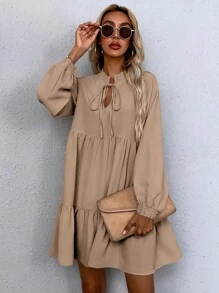 SHEIN LUNE Cà vạt Tay áo lồng đèn Váy Smock - Màu Khaki - Xem 1