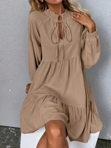 SHEIN LUNE Cà vạt Tay áo lồng đèn Váy Smock - Màu Khaki - Xem 3