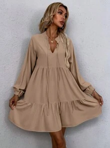 SHEIN LUNE Cà vạt Tay áo lồng đèn Váy Smock - Màu Khaki - Xem 5