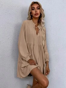 SHEIN LUNE Cà vạt Tay áo lồng đèn Váy Smock - Màu Khaki - Xem 6