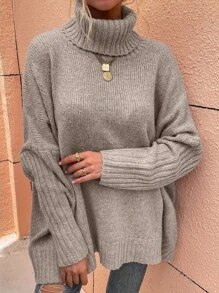 EMERY ROSE 高领蝙蝠袖毛衣，女士冬季休闲长袖常规版型杏色蝙蝠袖套头衫女式毛衣，长袖上衣 - 杏色 - 查看 3