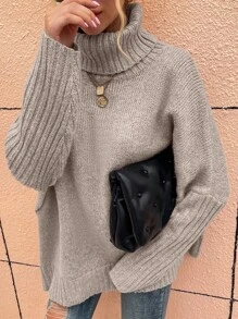 EMERY ROSE 高领蝙蝠袖毛衣，女士冬季休闲长袖常规版型杏色蝙蝠袖套头衫女式毛衣，长袖上衣 - 杏色 - 查看 4