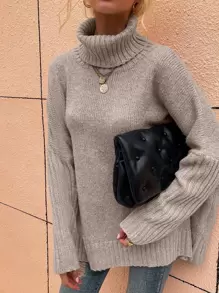 EMERY ROSE 高领蝙蝠袖毛衣，女士冬季休闲长袖常规版型杏色蝙蝠袖套头衫女式毛衣，长袖上衣 - 杏色 - 查看 5