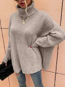 EMERY ROSE 高领蝙蝠袖毛衣，女士冬季休闲长袖常规版型杏色蝙蝠袖套头衫女式毛衣，长袖上衣 - 杏色 - 查看 6