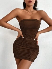 Chiquease Solid Ruched Tube Bodycon Dress - Coffee Brown - View 1