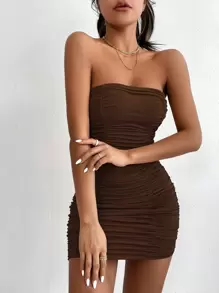 Chiquease Solid Ruched Tube Bodycon Dress - Coffee Brown - View 3