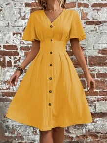 SHEIN LUNE 素色前紐扣A字連衣裙 - 黃色 - 查看 5
