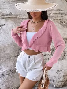 SHEIN WYWH Nữ Cardigans Xù Viên lá sen màu trơn Giải trí - Hồng - Xem 1