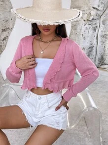 SHEIN WYWH Nữ Cardigans Xù Viên lá sen màu trơn Giải trí - Hồng - Xem 3