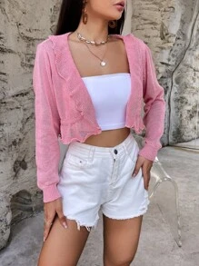 SHEIN WYWH Nữ Cardigans Xù Viên lá sen màu trơn Giải trí - Hồng - Xem 4