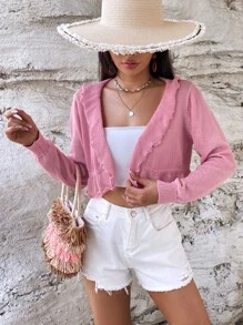 SHEIN WYWH Nữ Cardigans Xù Viên lá sen màu trơn Giải trí - Hồng - Xem 5