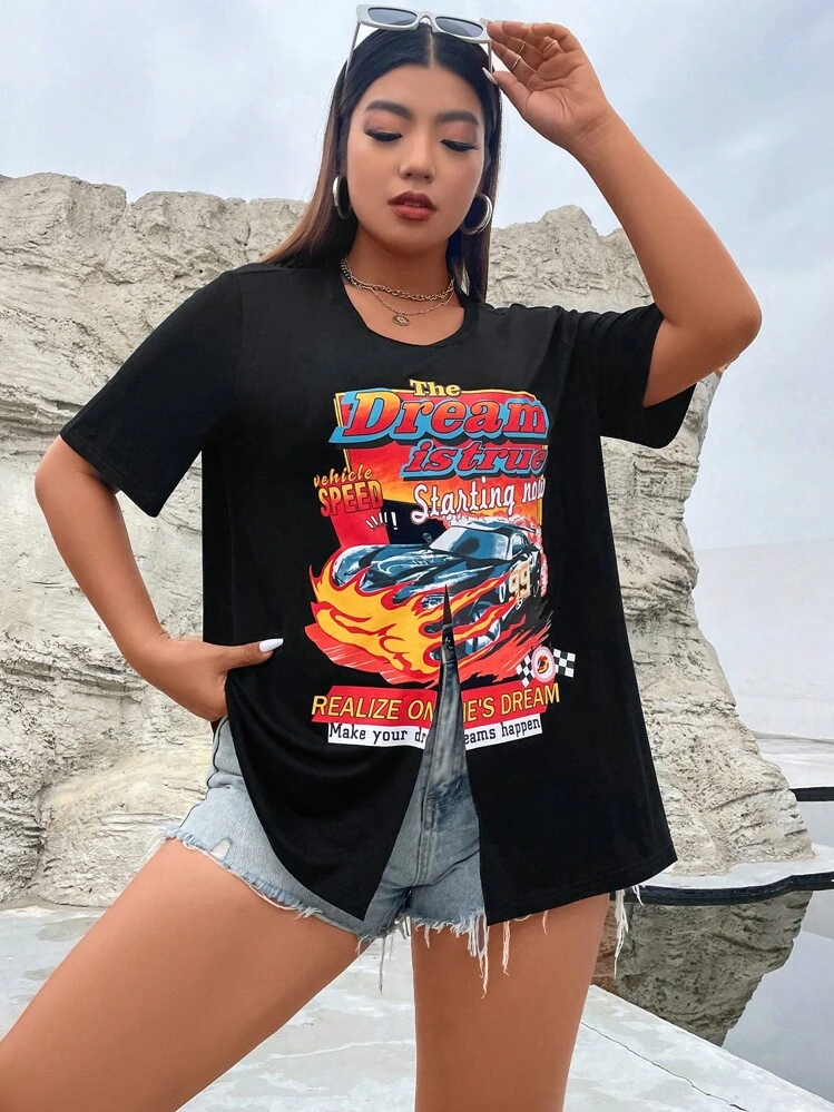 SHEIN Coolane Plus Car & Letter Graphic Asymmetrical Hem Tee - Black - View 4