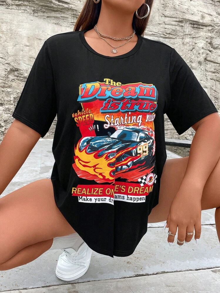 SHEIN Coolane Plus Car & Letter Graphic Asymmetrical Hem Tee - Black - View 5