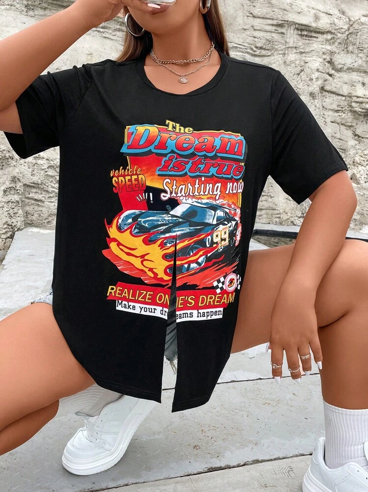 SHEIN Coolane Plus Car & Letter Graphic Asymmetrical Hem Tee - Black - View 6