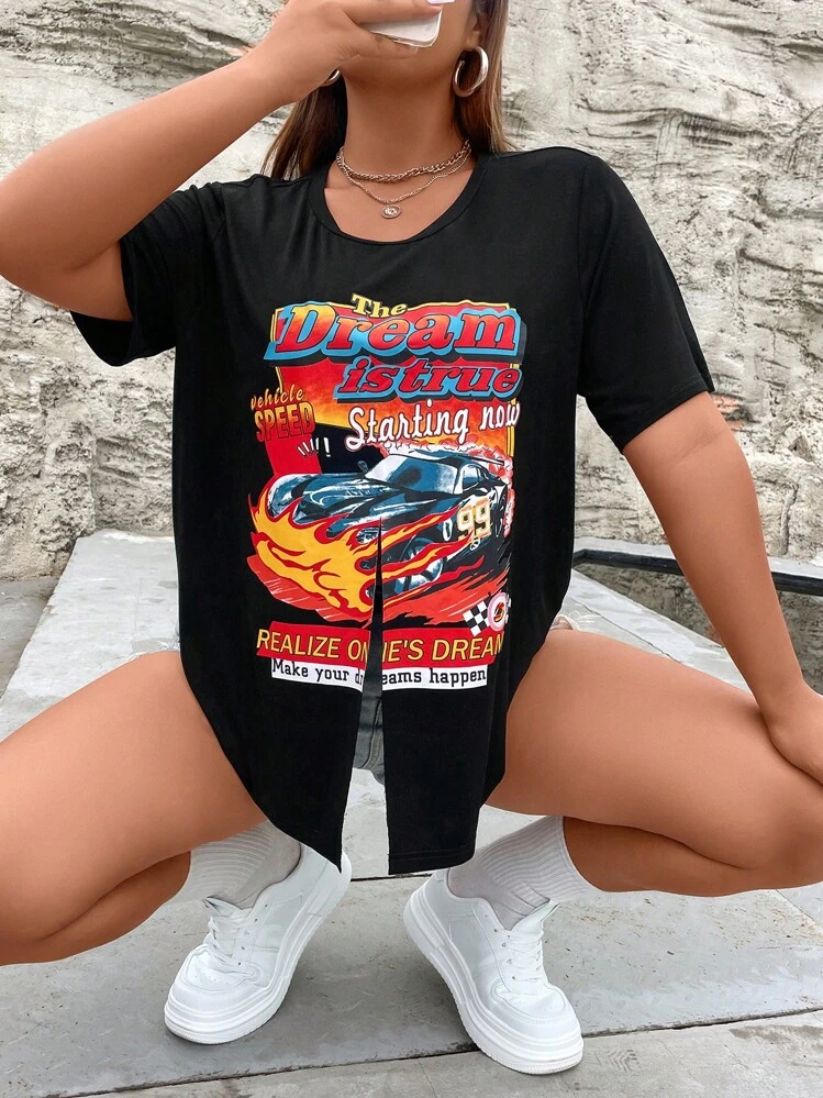 SHEIN Coolane Plus Car & Letter Graphic Asymmetrical Hem Tee - Black - View 7