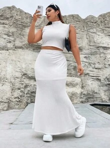 SHEIN ICON Bộ thời trang Plus Size Gân đan màu trơn Giải trí - trắng - Xem 3