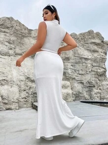SHEIN ICON Bộ thời trang Plus Size Gân đan màu trơn Giải trí - trắng - Xem 4