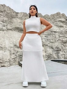 SHEIN ICON Bộ thời trang Plus Size Gân đan màu trơn Giải trí - trắng - Xem 5